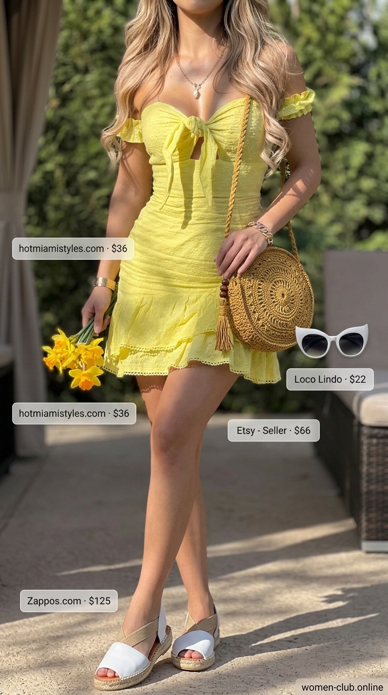 Sunny yellow eyelet sundress, white espadrilles & raffia bag for tropical summer pool party outfits for women 2026.