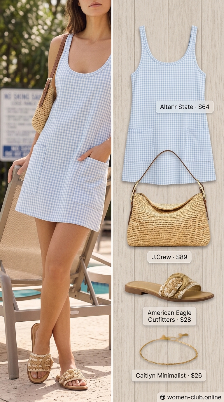 Sky blue gingham sundress, raffia bag & pearl earrings for tropical summer pool party outfits for women 2026.