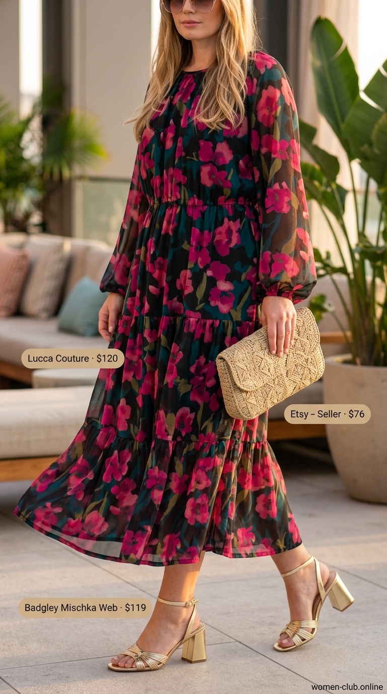 Glamorous tropical summer pool party outfits for women 2026: Fuchsia teal floral maxi dress, gold block heels, straw clutch.