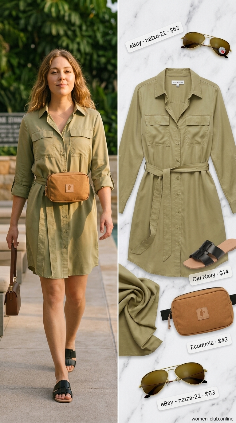 Khaki green shirt sundress, black slides & canvas bag for tropical summer pool party outfits for women 2026.