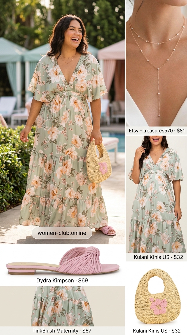 Romantic tropical summer pool party outfits for women 2026: Sage green floral maxi dress, blush pink sandals, straw bucket bag.