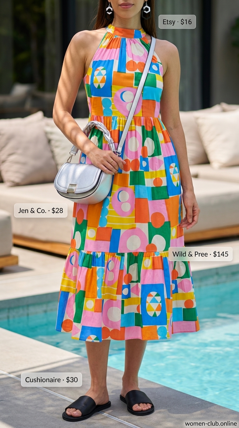 Multicolor abstract midi dress with black sandals and silver bag for tropical summer pool party outfits for women 2026.