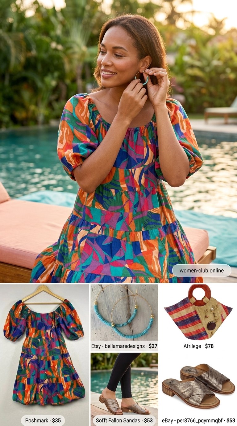 Terracotta abstract print sundress with bronze sandals for tropical summer pool party outfits for women 2026.