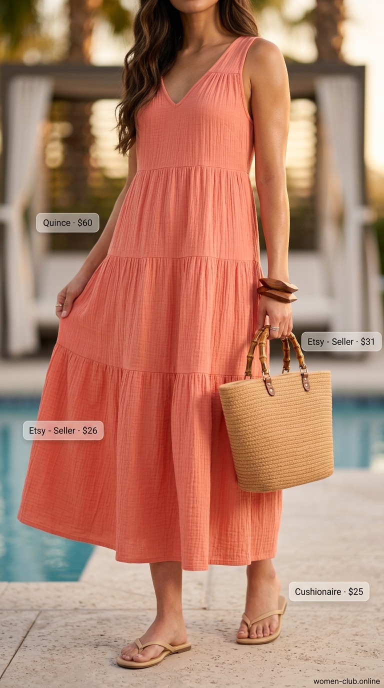 Coral sundress with bamboo tote and wood bangles for tropical summer pool party outfits for women 2026.