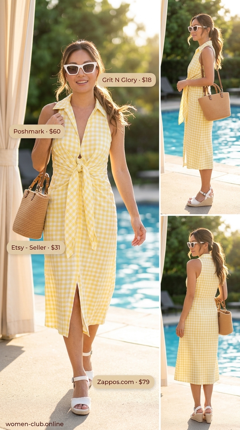 Pastel yellow gingham shirtdress with straw tote and wide-brim hat for tropical summer pool party outfits for women 2026.