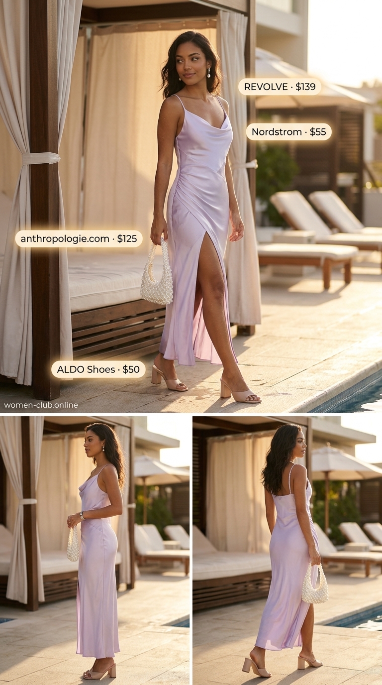 Lavender satin slip dress with pearl bag and mules for tropical summer pool party outfits for women 2026.