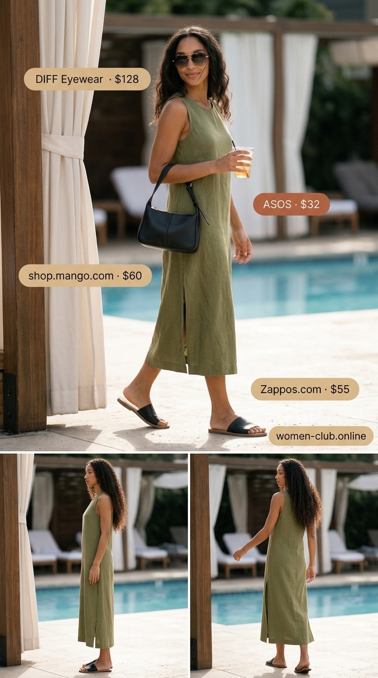 Olive green linen sundress with black sandals and gold jewelry for tropical summer pool party outfits for women 2026.