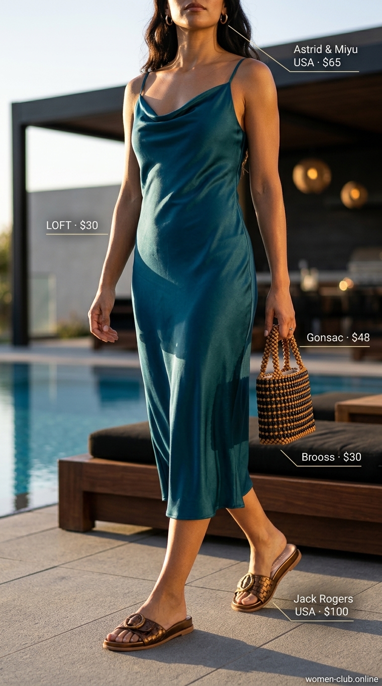Teal satin slip dress with bronze sandals and wood bag for tropical summer pool party outfits for women 2026.