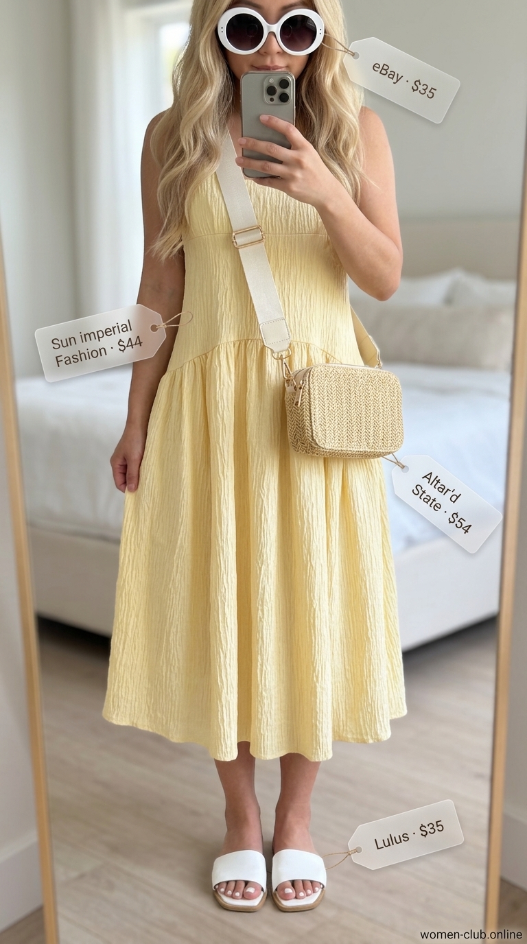 Lemon yellow sundress with straw bag and white sandals for tropical summer pool party outfits for women 2026.