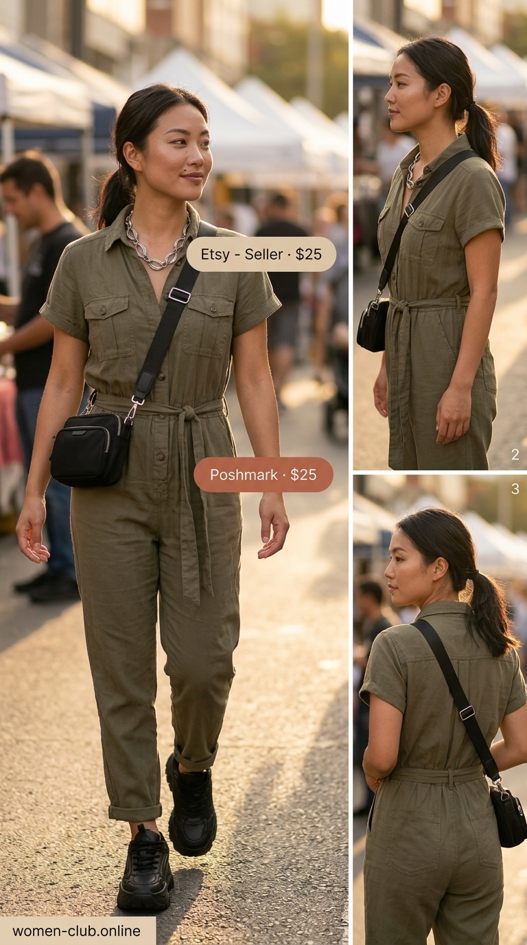 Brooklyn Inspired NYC Summer Outfits 2026 Olive green utility jumpsuit with chunky sneakers for urban NYC summer outfits for women 2026 Brooklyn style.