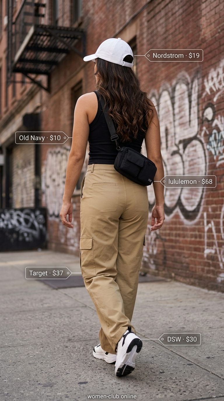 Sporty NYC Summer Outfits 2026: Cargo Pants Urban NYC summer outfits for women 2026: Khaki cargo pants, black tank, chunky sneakers, and crossbody bag for urban exploration.