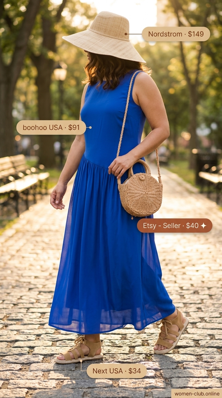 Vibrant NYC Summer Outfits 2026: Cobalt Blue Dress Urban NYC summer outfits for women 2026: Cobalt blue maxi dress with straw hat, round bag, and espadrille sandals for a picnic.