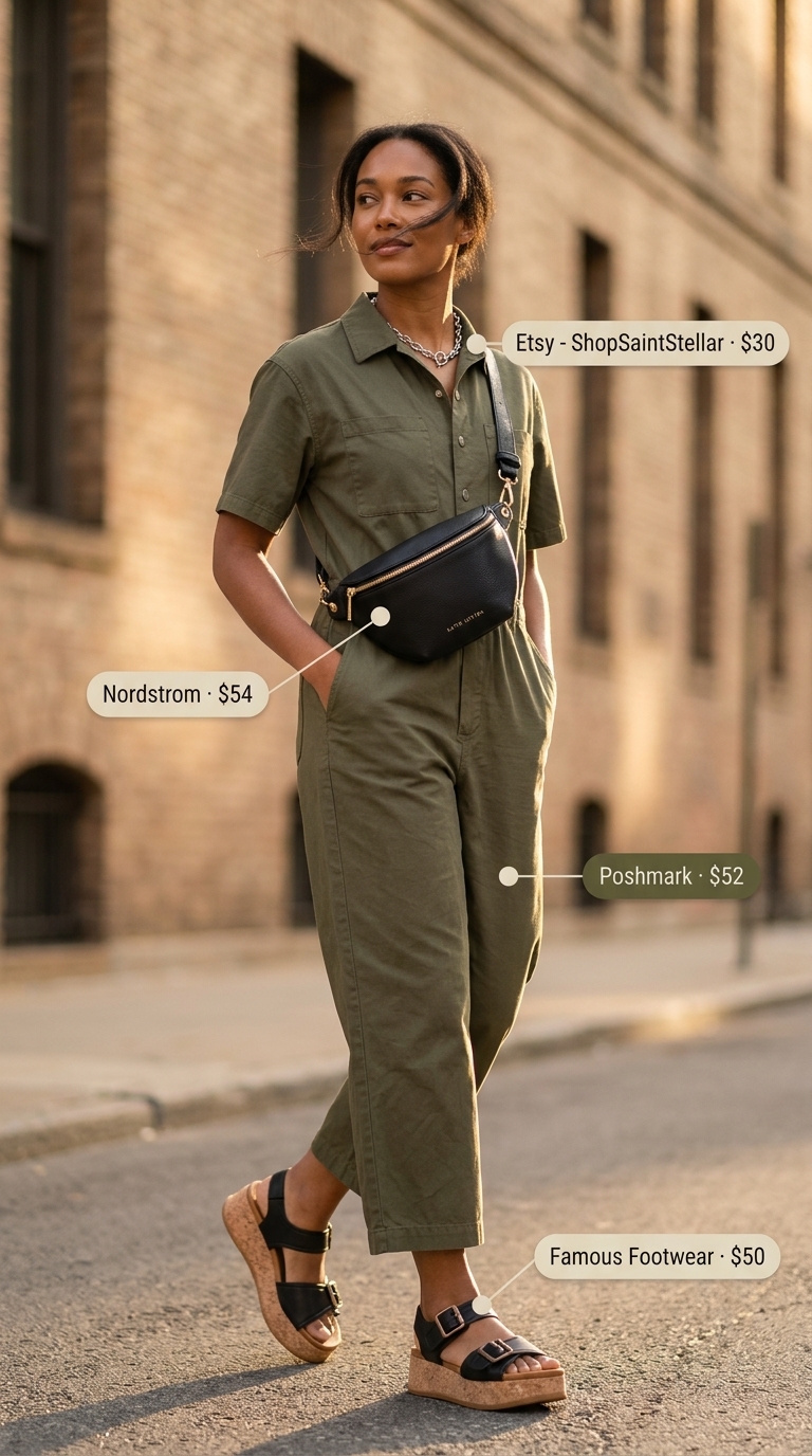 Edgy NYC Summer Event Outfits 2026 Olive green utility jumpsuit with chunky sandals for urban NYC summer outfits for women 2026 creative event.