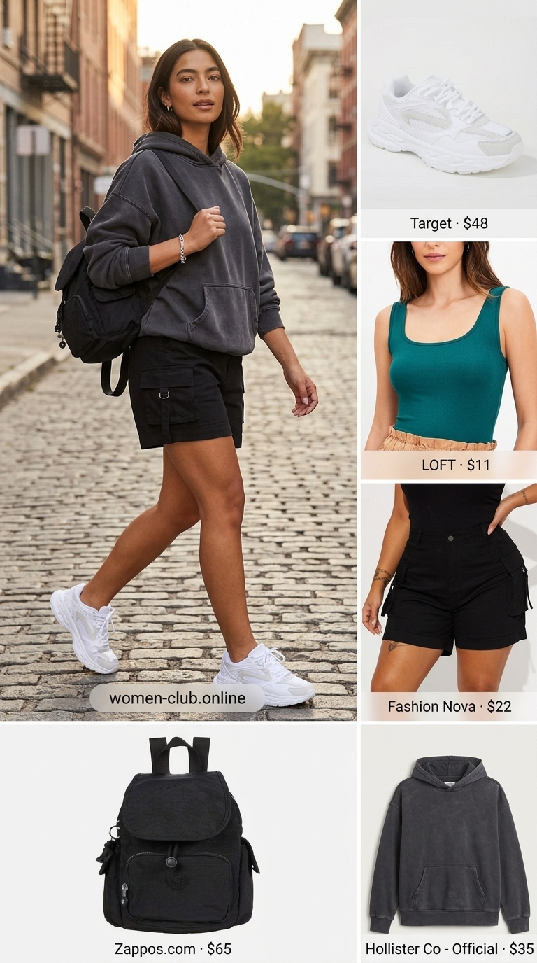Cool NYC Summer Streetwear Outfits 2026 Black cargo shorts with forest green tank and oversized hoodie for urban NYC summer outfits for women 2026 streetwear.