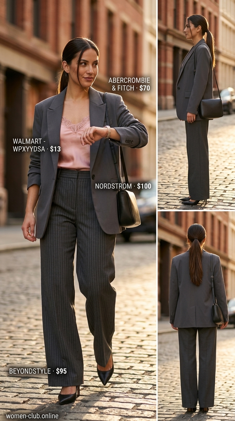 Professional NYC Summer Work Outfits 2026 Charcoal grey tailored pants with blush pink cami and black blazer for urban NYC summer outfits for women 2026 office.