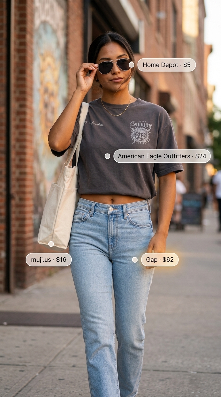 Laid-back NYC Summer Outfits 2026: Jeans & Tee Urban NYC summer outfits for women 2026: Light wash jeans, graphic tee, canvas tote, and sneakers for an artistic day out.
