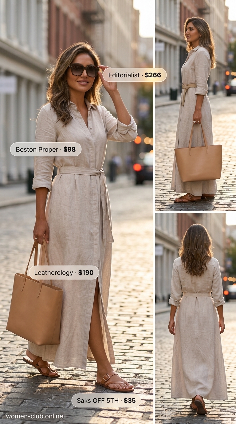 Elegant NYC Summer Outfits 2026: Maxi Shirt Dress Urban NYC summer outfits for women 2026: Cream maxi shirt dress with tan tote, tortoiseshell sunglasses, and leather slides.