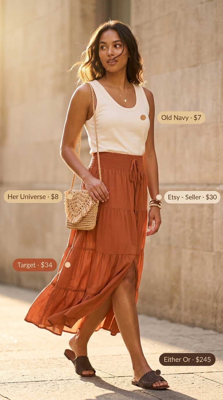 Boho NYC Summer Outfits 2026: Flowy Maxi Skirt Urban NYC summer outfits for women 2026: Terracotta maxi skirt, cream crop top, woven bag, and brown sandals for a bohemian vibe.