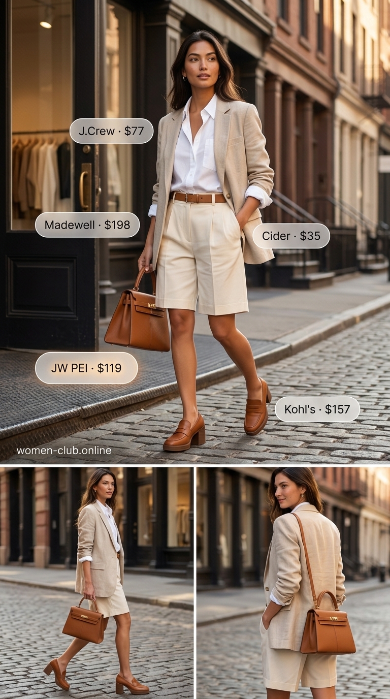 Smart Casual NYC Summer Outfits 2026 Greige Bermuda shorts with white shirt and cognac loafers for urban NYC summer outfits for women 2026 smart casual.