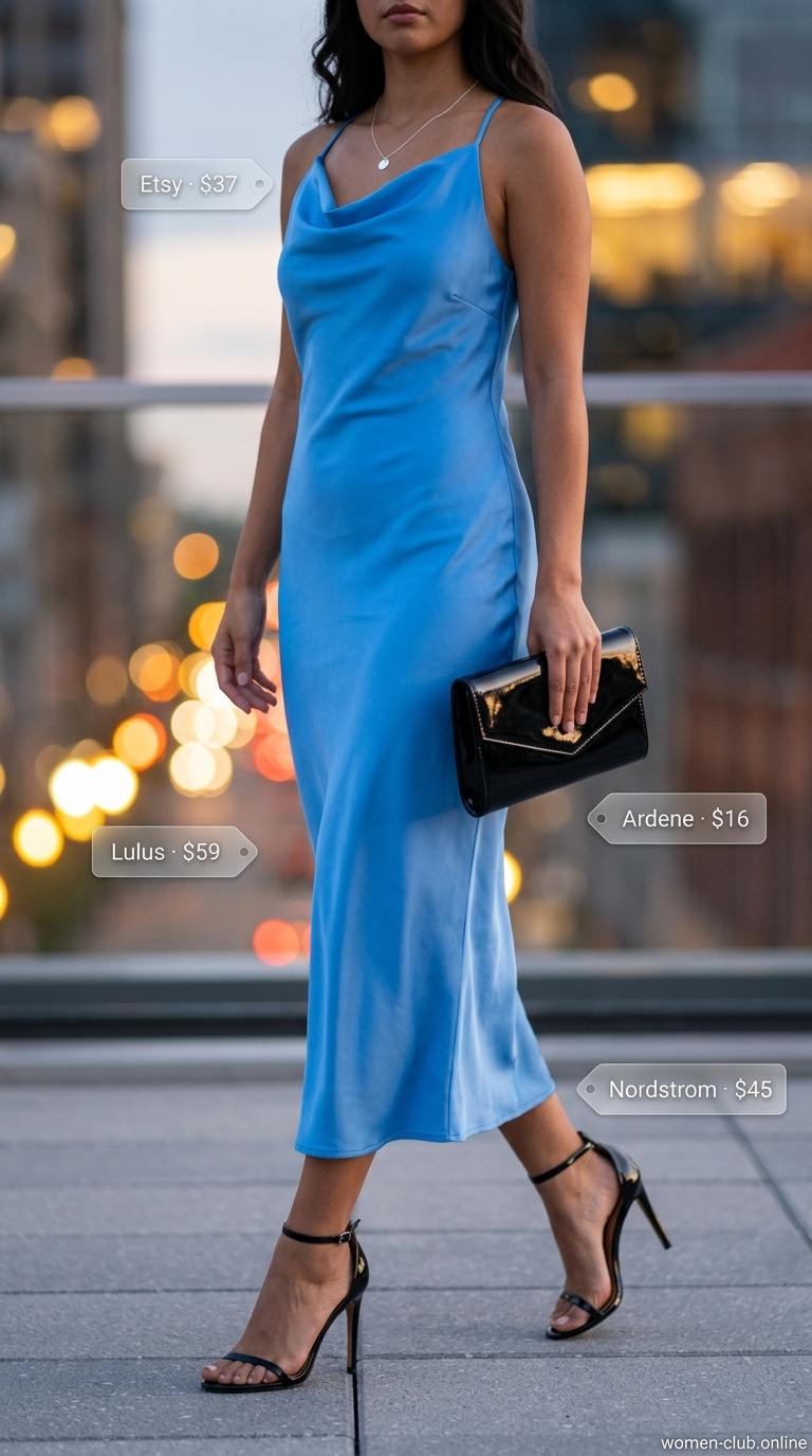 Urban NYC Summer Date Night Outfits 2026 Sky blue satin slip dress with black heels and silver necklace for urban NYC summer outfits for women 2026 date night.