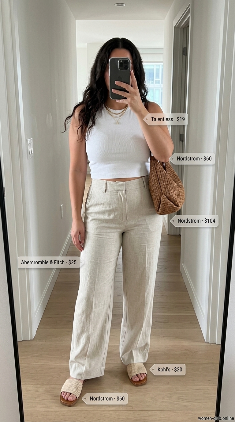 Relaxed NYC Summer Street Style Outfits 2026 Olive green linen pants with cream ribbed tank and straw bag for urban NYC summer outfits for women 2026.