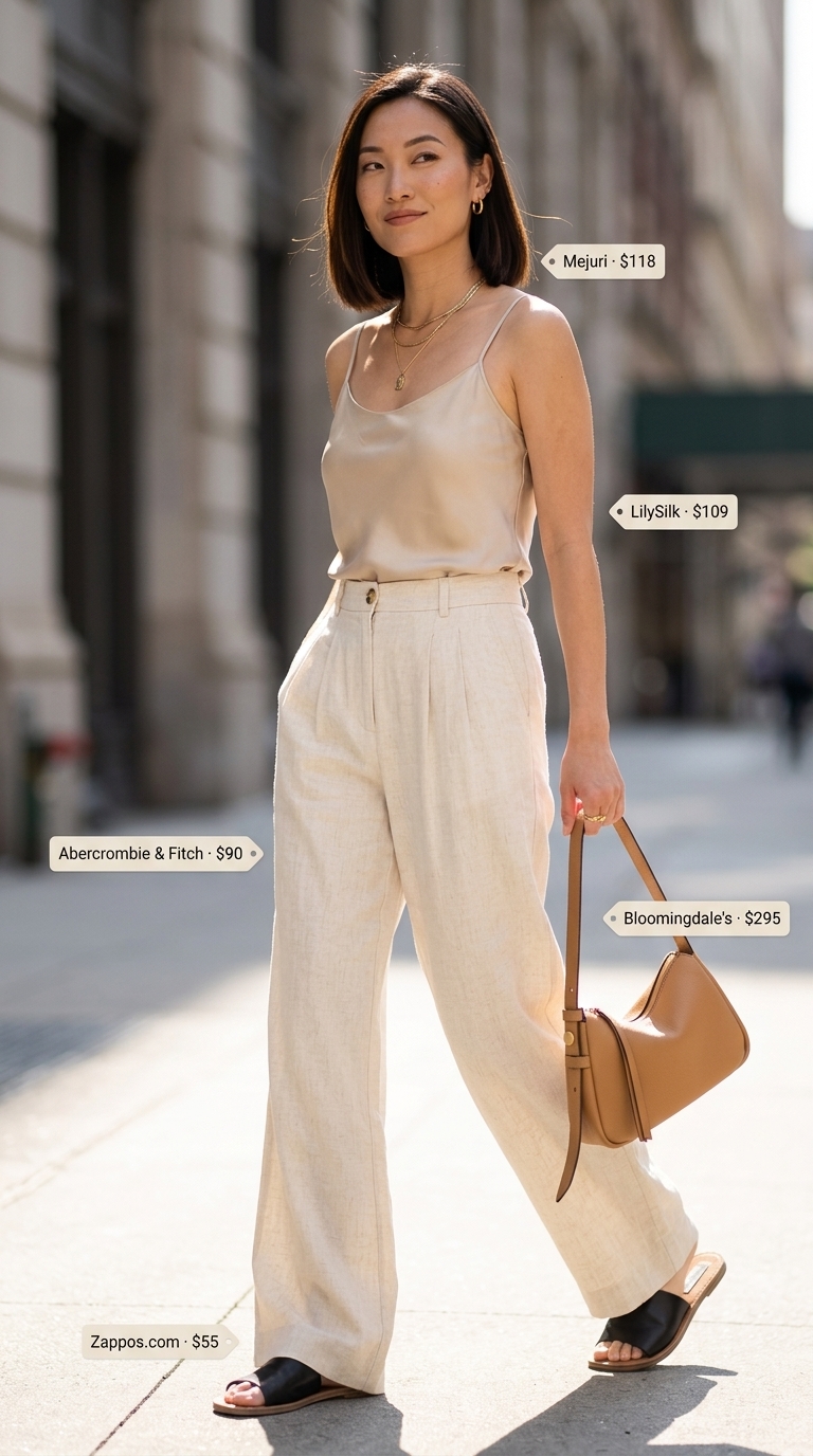 Sophisticated NYC Summer Outfits 2026: Wide-Leg Pants Urban NYC summer outfits for women 2026: Cream wide-leg trousers, tan camisole, and black slides for a polished gallery look.