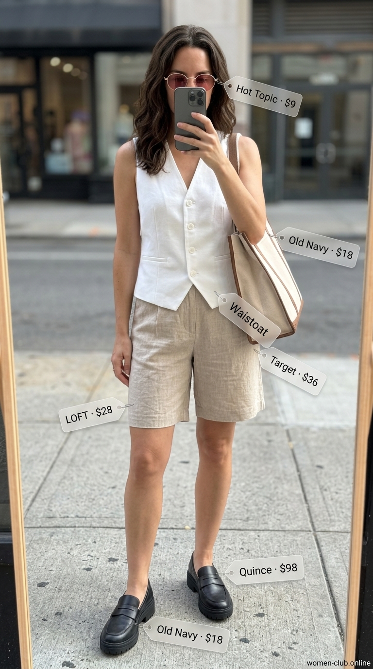 NYC Summer Outfits Women 2026: Black Shorts Office Look Black Bermuda shorts and white vest for urban NYC summer outfits for women 2026, office casual style.