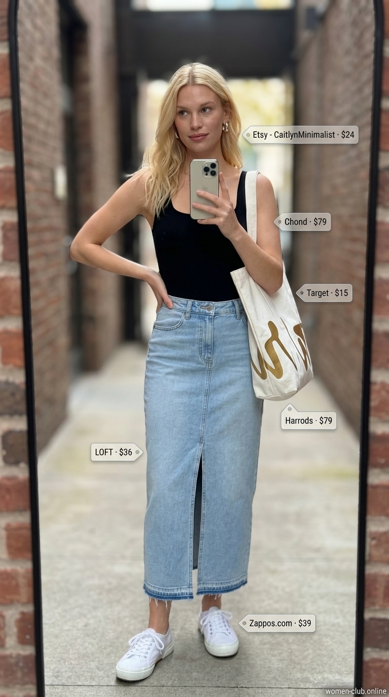 NYC Summer Outfits Women 2026: Denim Maxi Skirt Light wash denim maxi skirt outfit for urban NYC summer outfits for women 2026, casual shopping style.