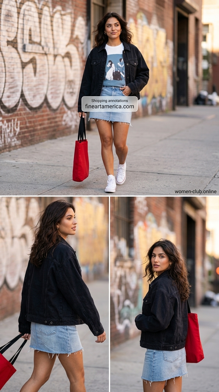 NYC Summer Outfits Women 2026: Denim Mini Skirt Dark wash denim mini skirt outfit for urban NYC summer outfits for women 2026, casual concert style.