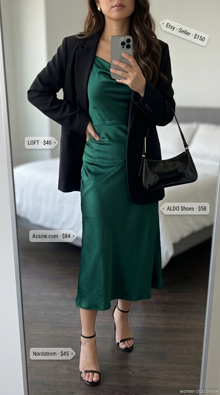 NYC Summer Outfits Women 2026: Emerald Slip Dress Emerald green slip dress for urban NYC summer outfits for women 2026, sophisticated date night style.