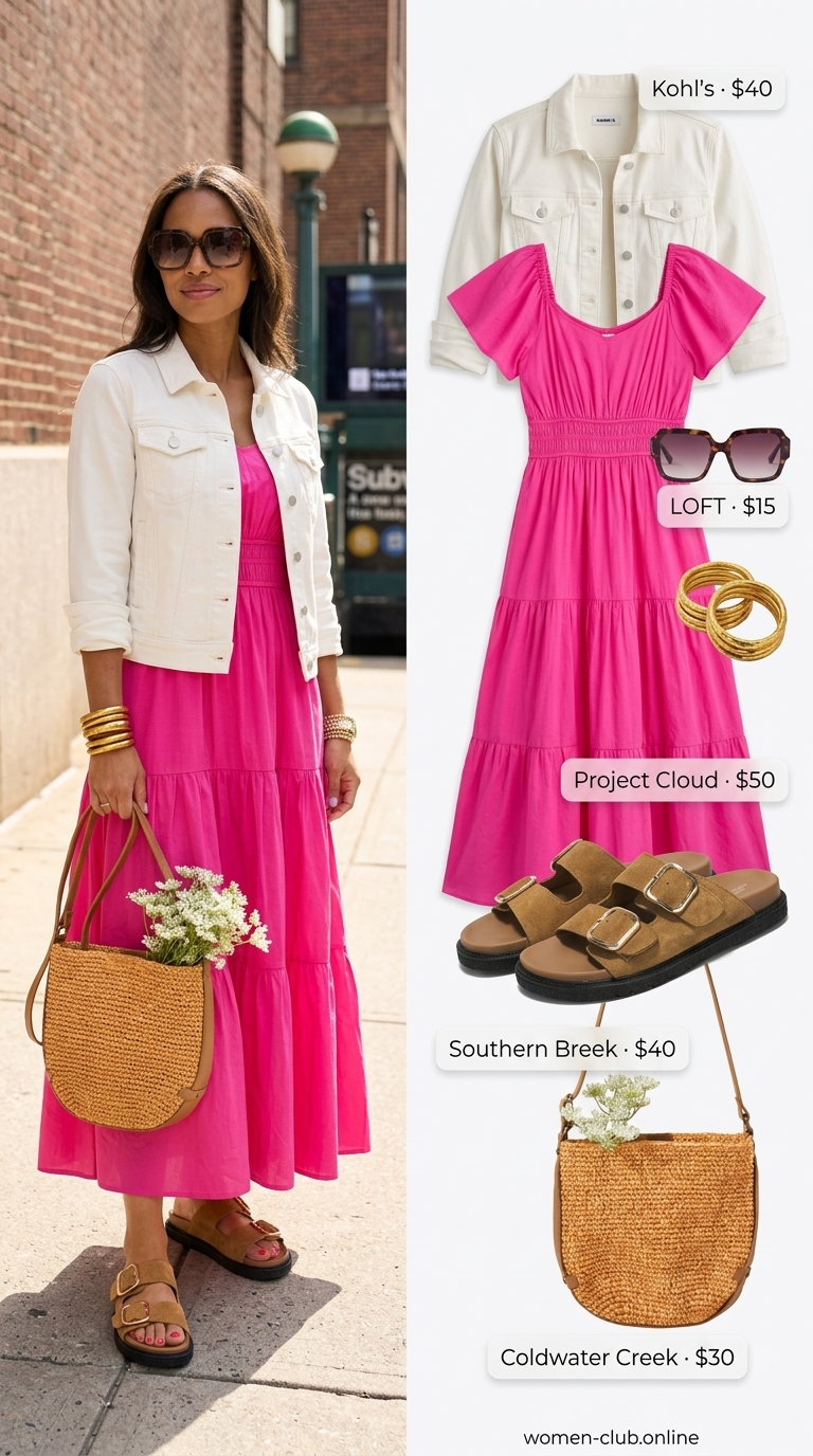 NYC Summer Outfits Women 2026: Fuchsia Maxi Dress Fuchsia tiered maxi dress for urban NYC summer outfits for women 2026, ideal for weekend outings.