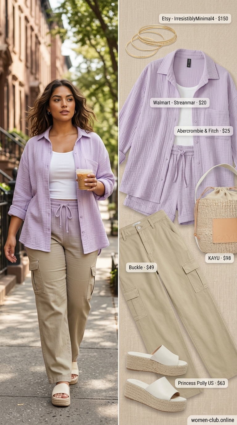 NYC Summer Outfits Women 2026: Lavender Shorts Set Lavender linen shorts set for urban NYC summer outfits for women 2026, perfect for brunch.