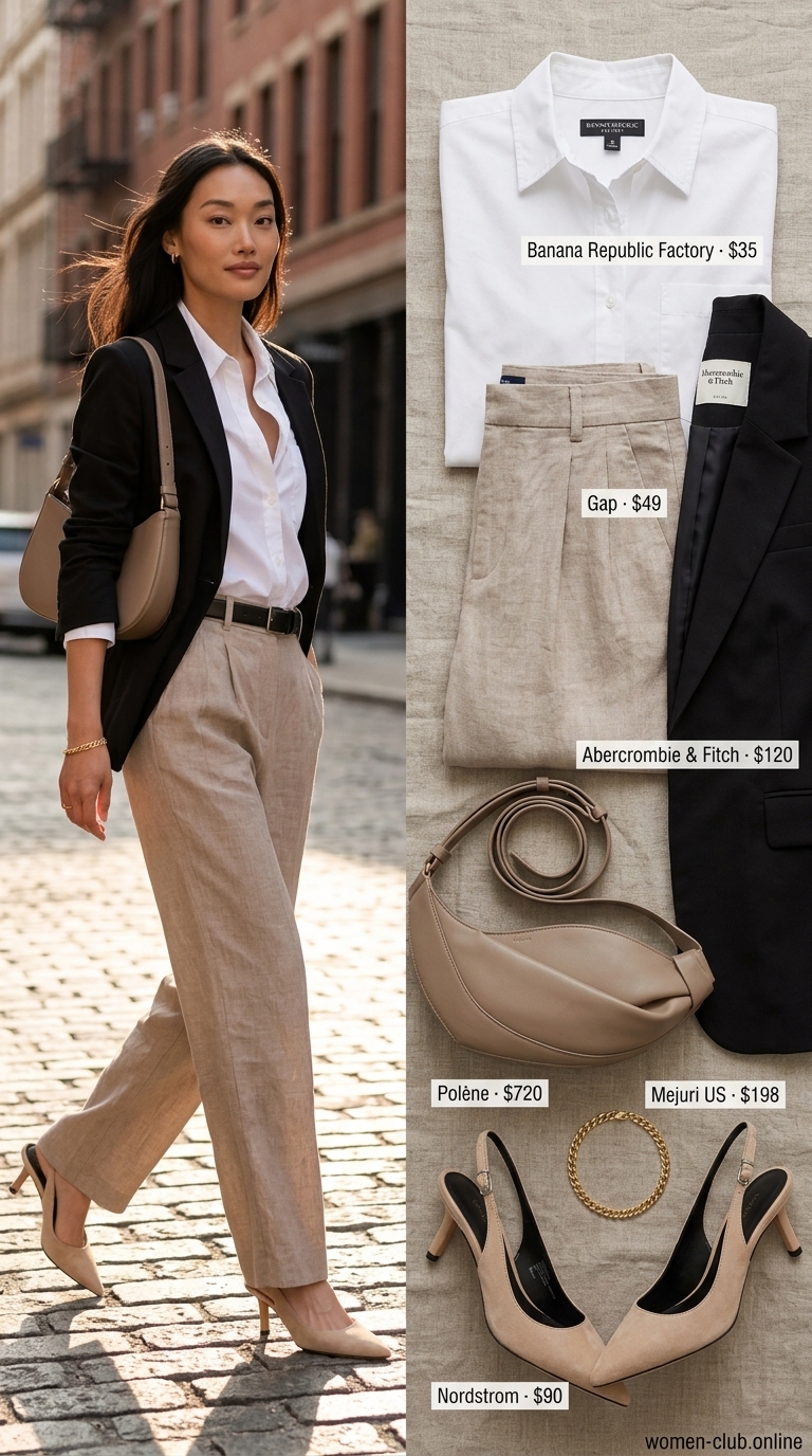 NYC Summer Outfits Women 2026: Linen Trousers Taupe linen trousers for urban NYC summer outfits for women 2026, sophisticated business lunch style.