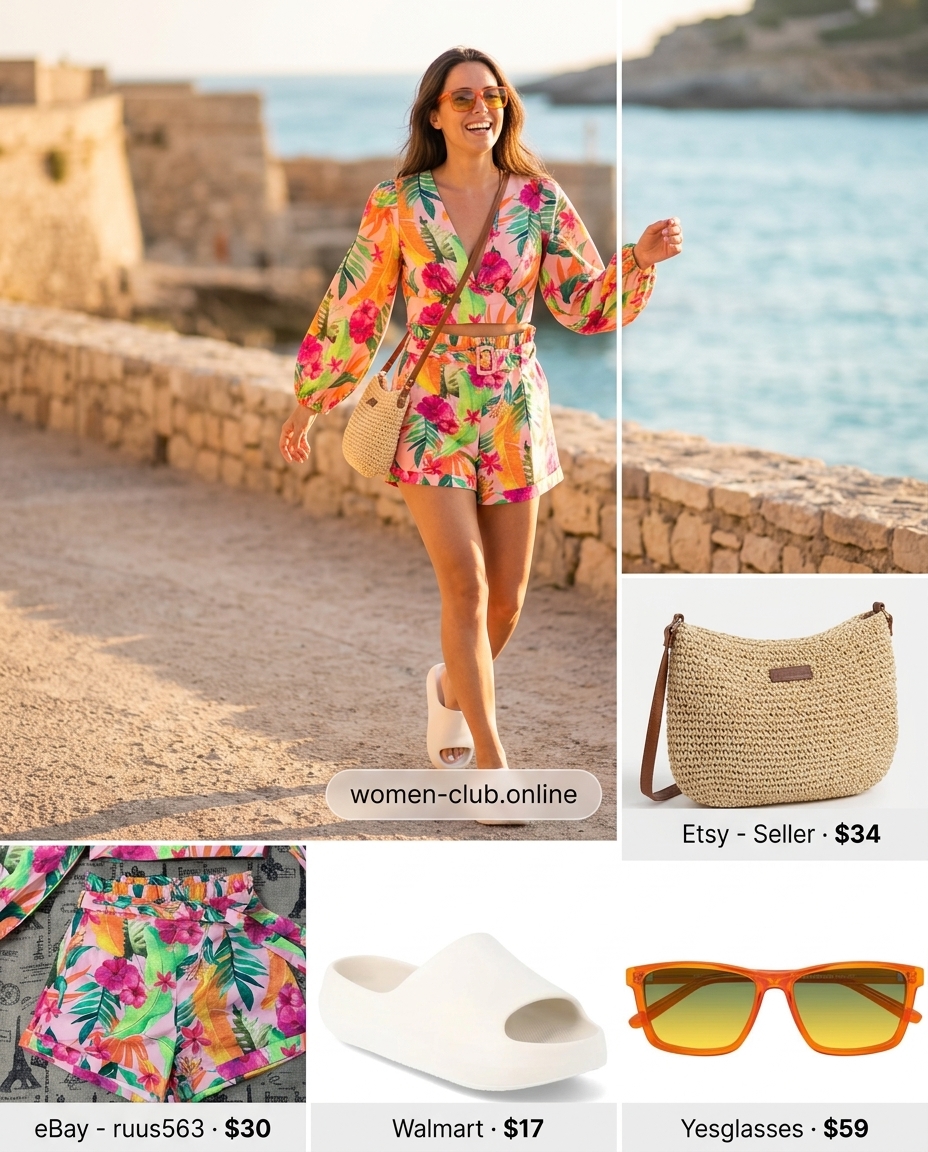 Citrus print shorts set with platform sandals for vintage summer outfits for women 2026.