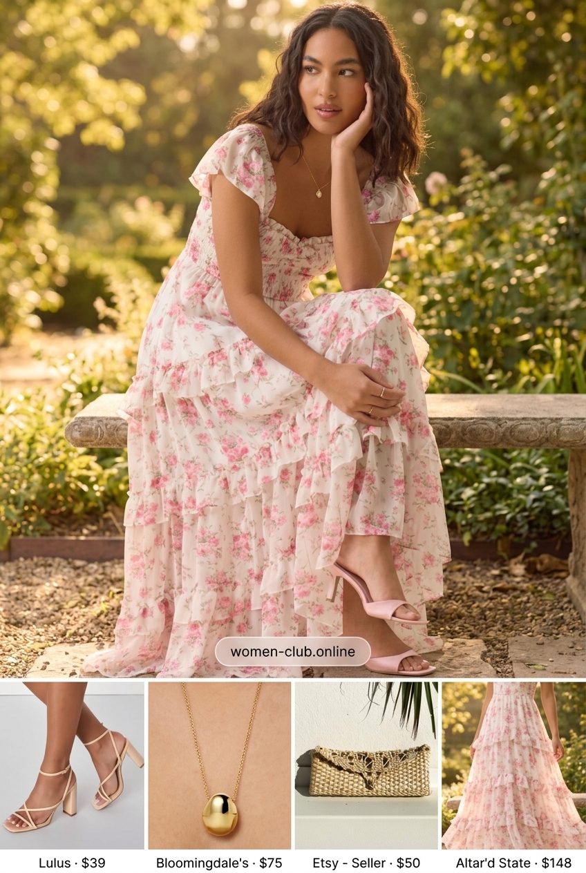Vintage summer outfits for women 2026: Floral maxi dress, nude heels, gold necklace & straw clutch.