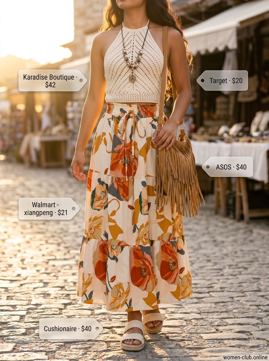 Vintage summer outfits for women 2026: Floral maxi skirt, crochet top, espadrilles & layered necklaces.
