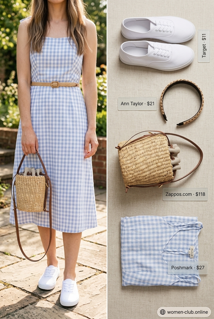 Blue gingham sundress with sneakers and straw bag for vintage summer outfits for women 2026.
