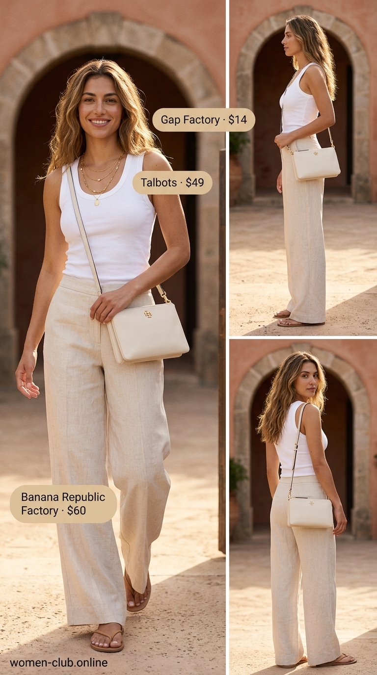 Camel linen pants and cream tank for vintage summer outfits for women 2026.