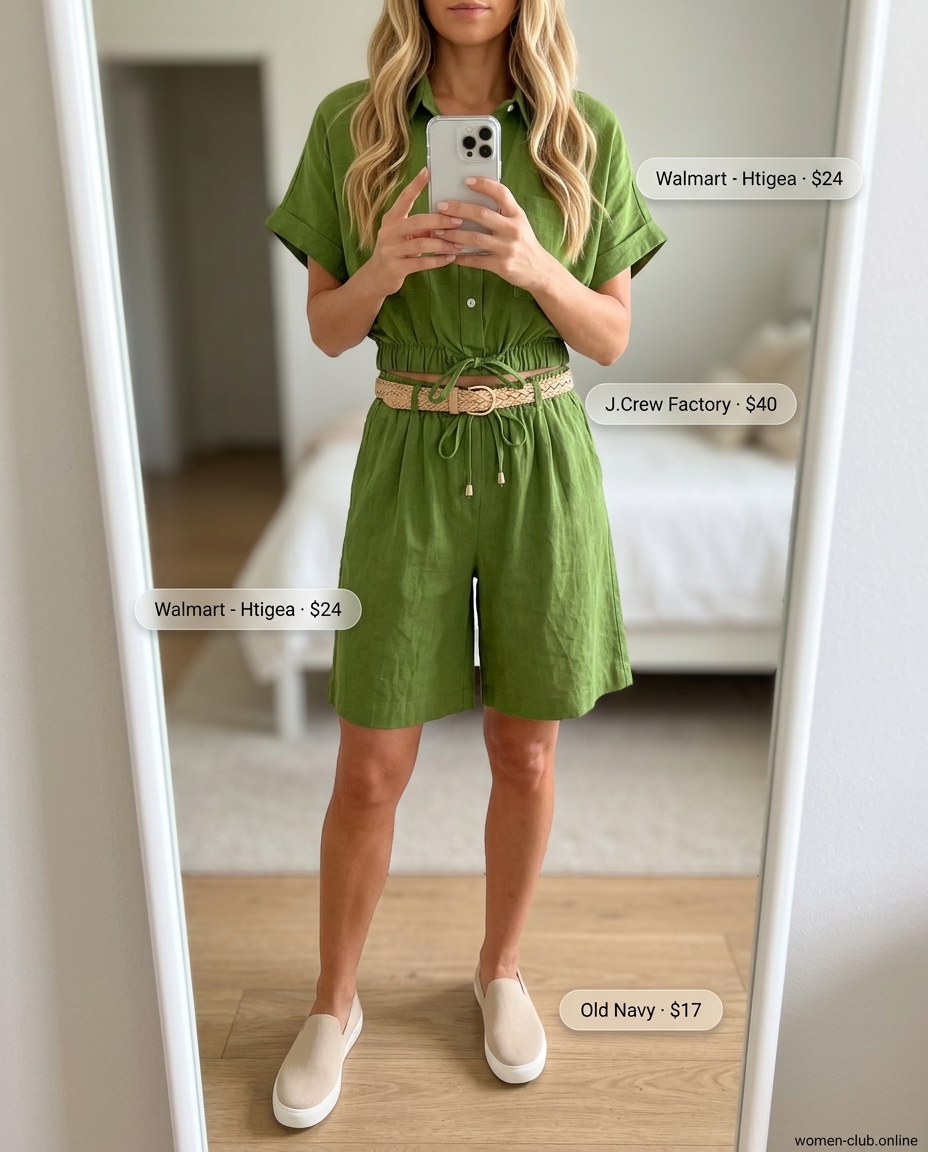 Vintage summer outfits for women 2026: Olive linen set, cream sneakers & canvas tote for picnics.