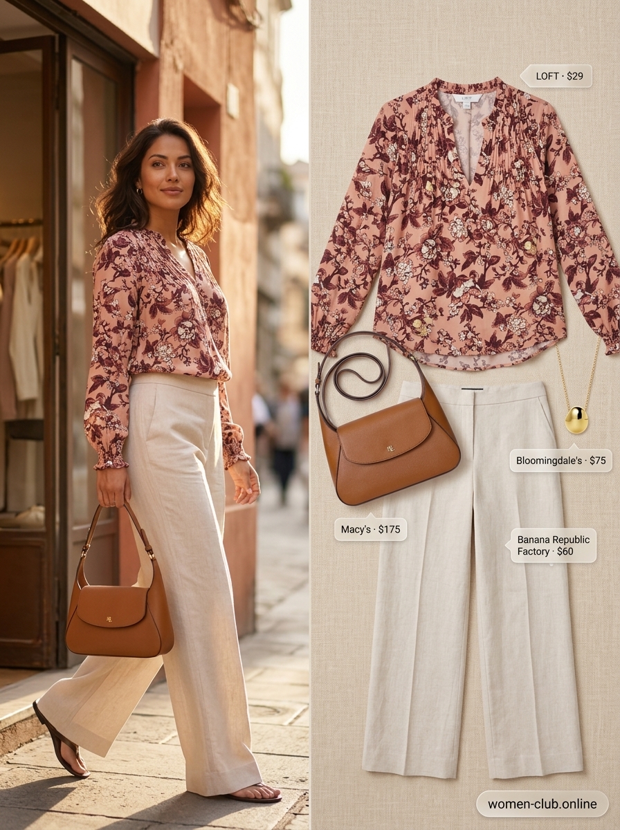 Cream linen trousers with floral blouse for vintage summer outfits for women 2026.