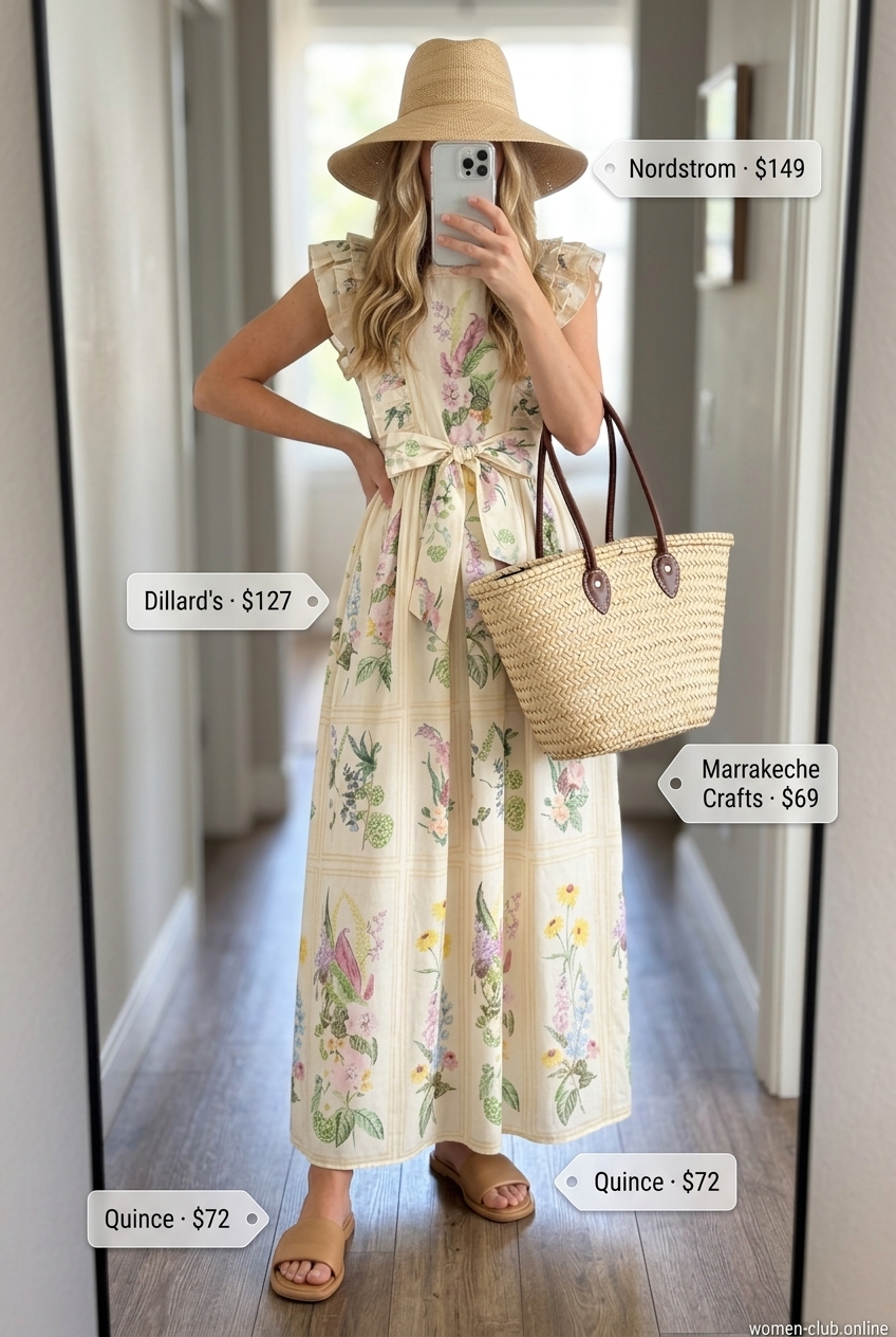 Vintage summer outfits for women 2026: Cream floral maxi dress, straw hat & sandals for beach days.