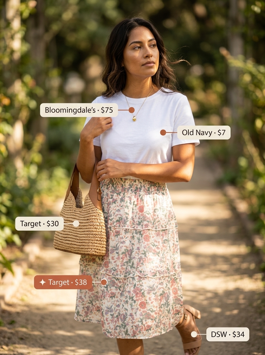 Vintage summer outfits for women 2026: Floral midi skirt, white tee, block heels & straw bag for garden parties.