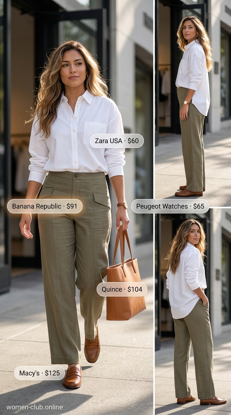 Olive green linen pants with oversized white shirt for vintage summer outfits for women 2026.
