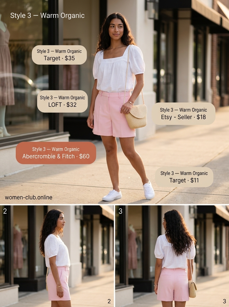 Vintage summer outfits for women 2026: Pastel pink shorts, white puff sleeve top, sneakers & straw bag.