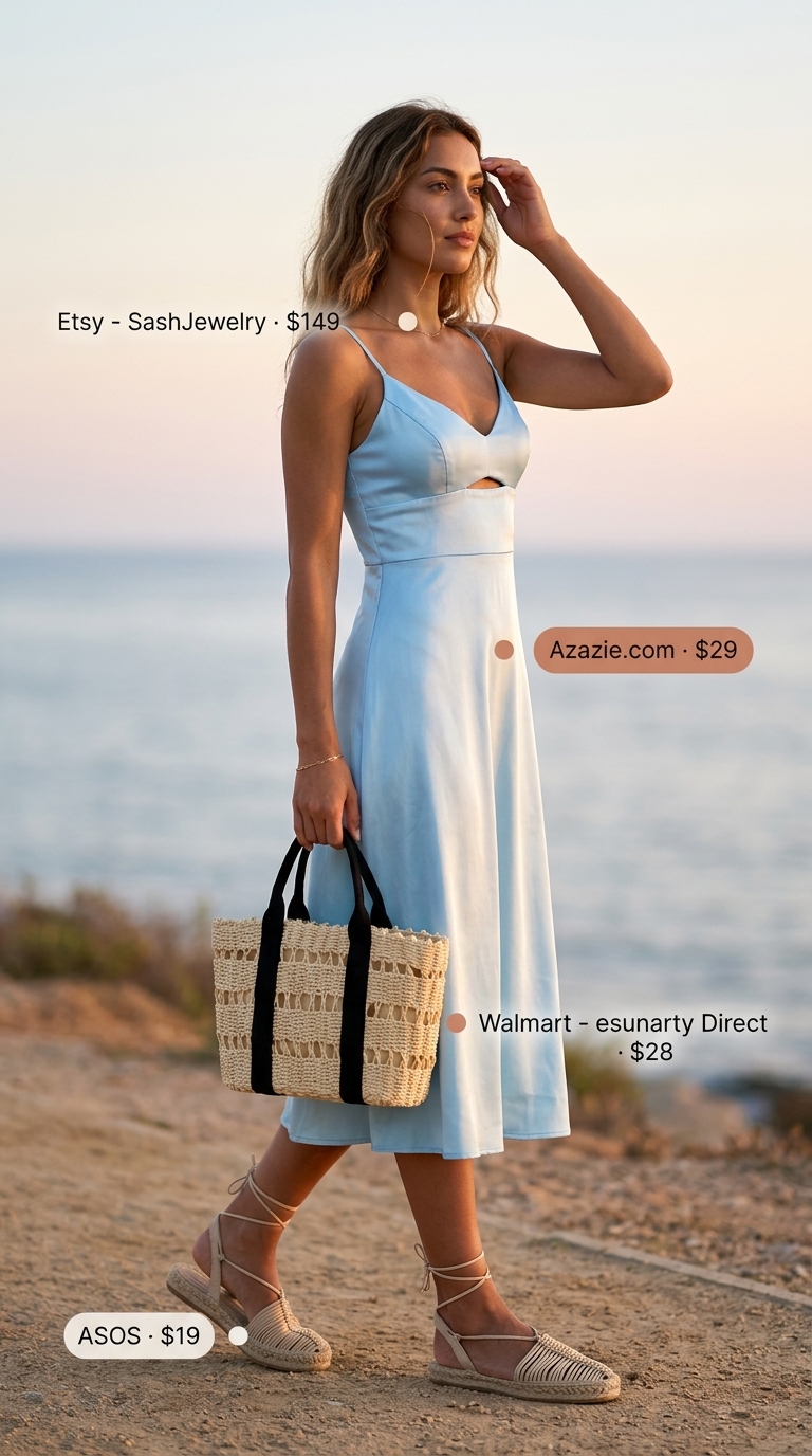 Sky blue satin slip dress with straw tote and espadrilles for vintage summer outfits for women 2026.