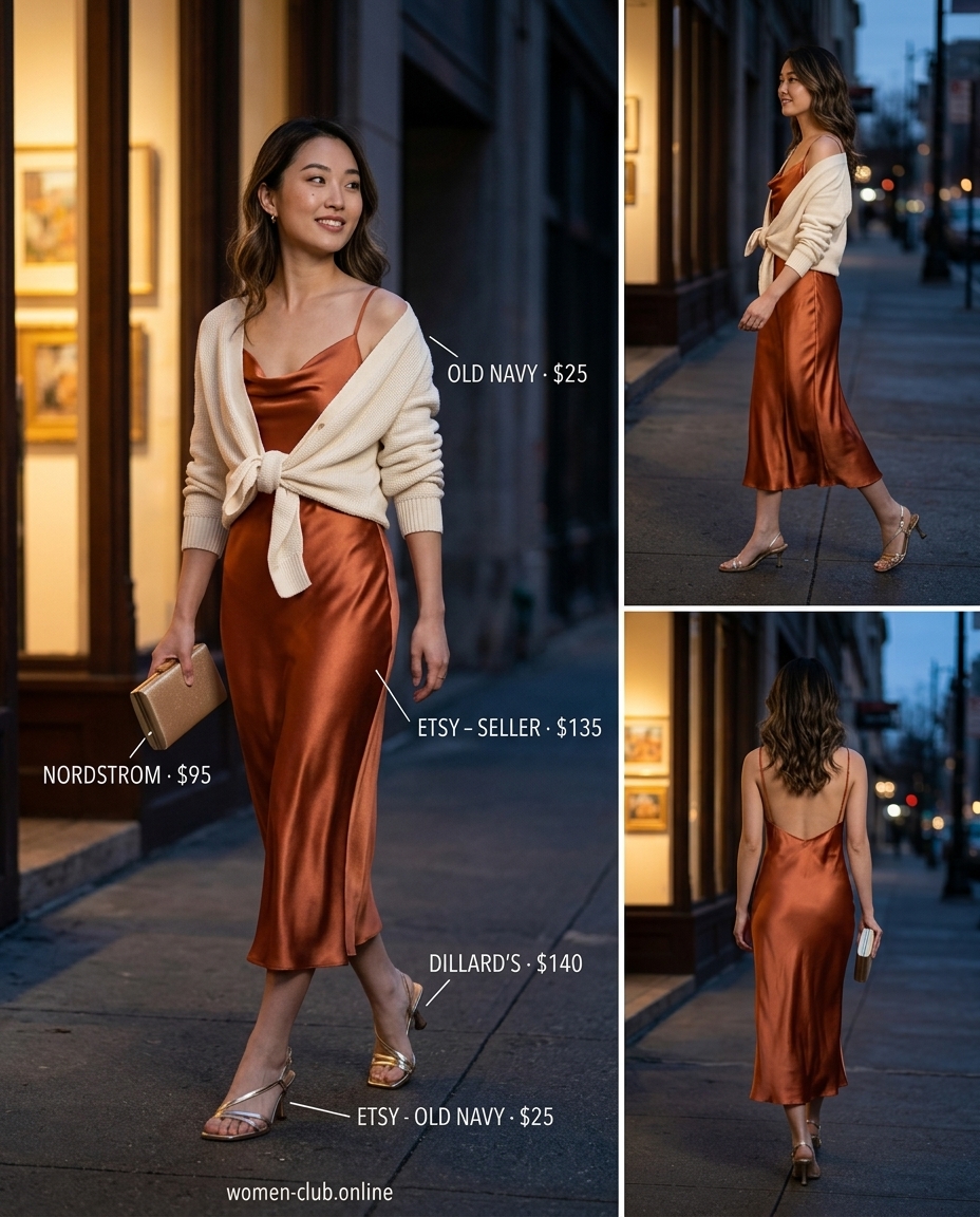 Vintage summer outfits for women 2026: Sunset orange slip dress, gold heels & metallic clutch for date night.
