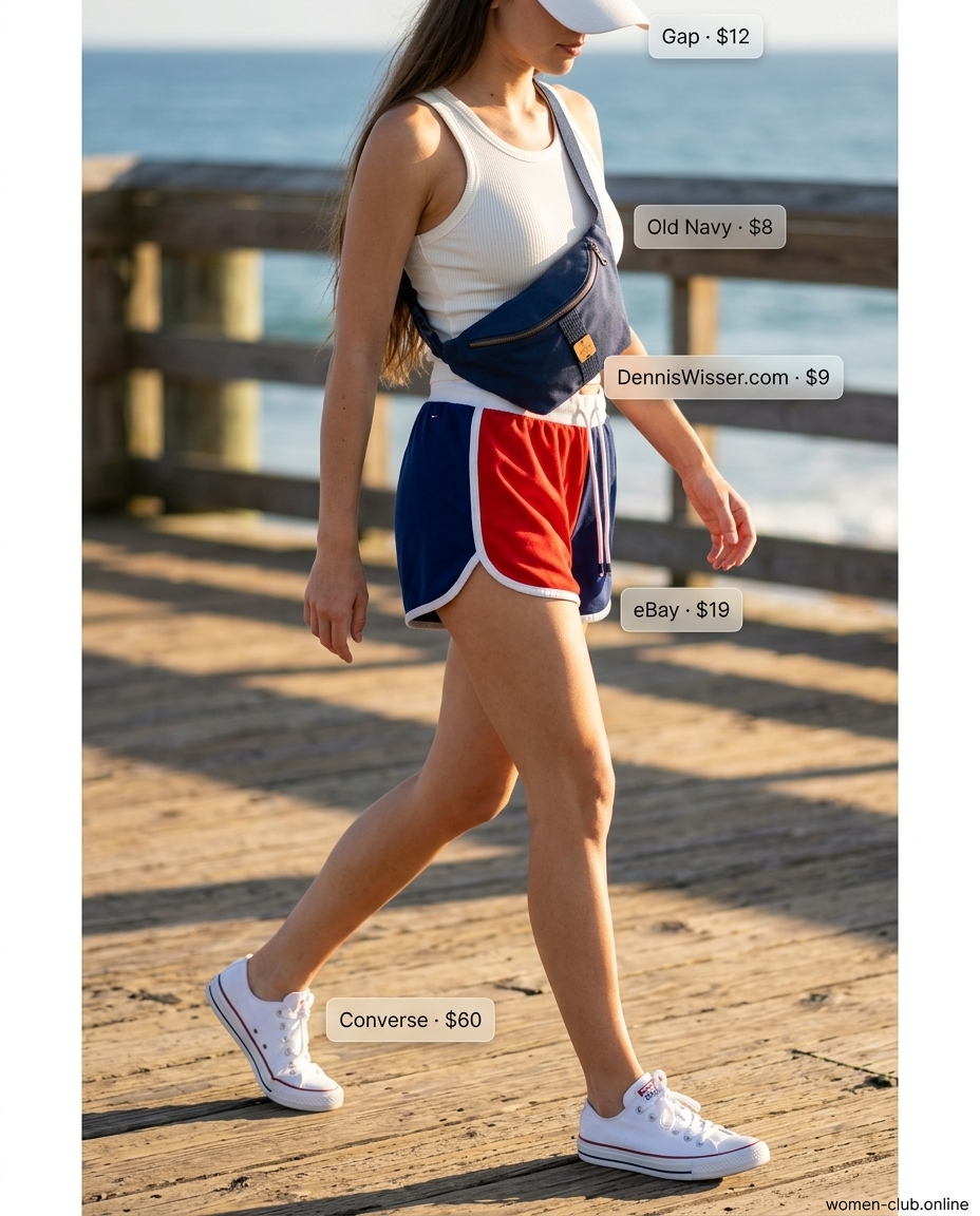 Navy athletic shorts with white tank and sneakers for vintage summer outfits for women 2026.