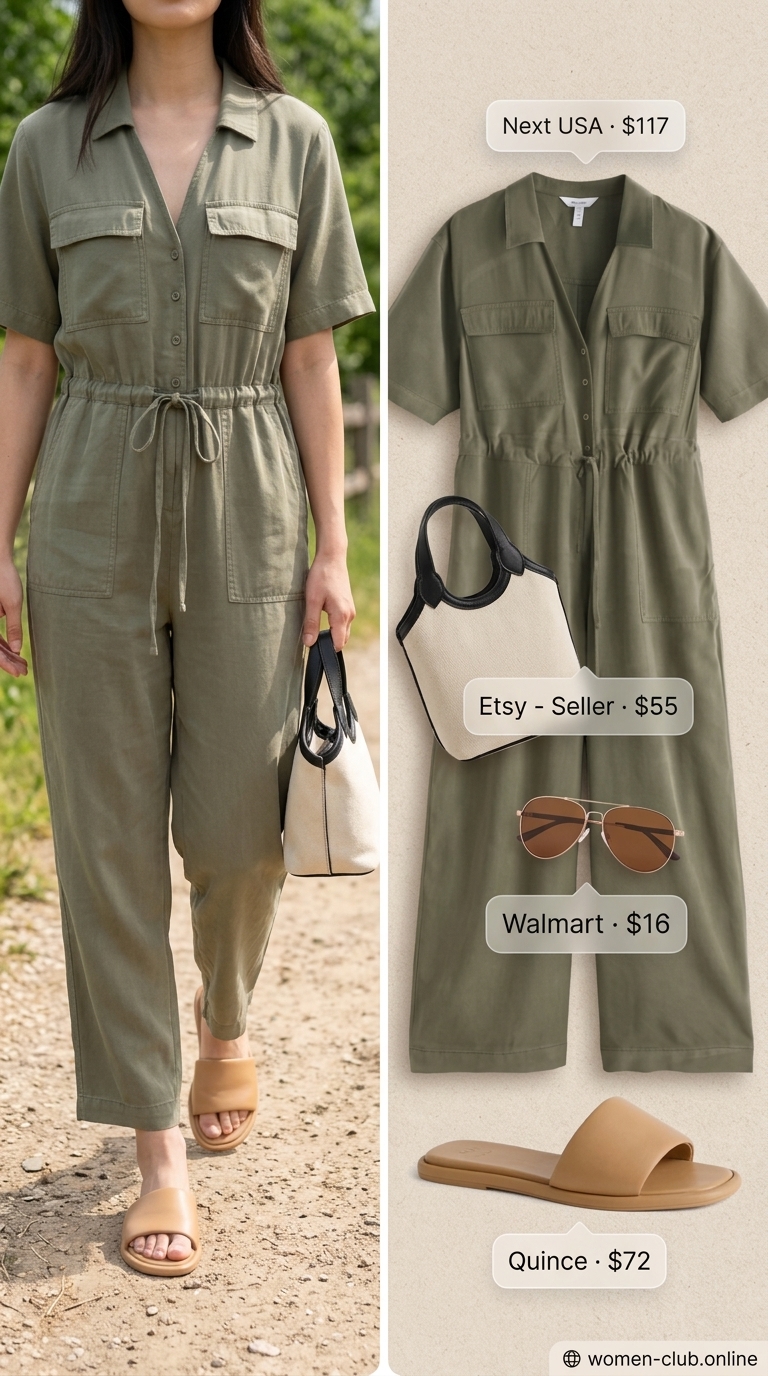 Khaki utility jumpsuit with slide sandals for vintage summer outfits for women 2026.