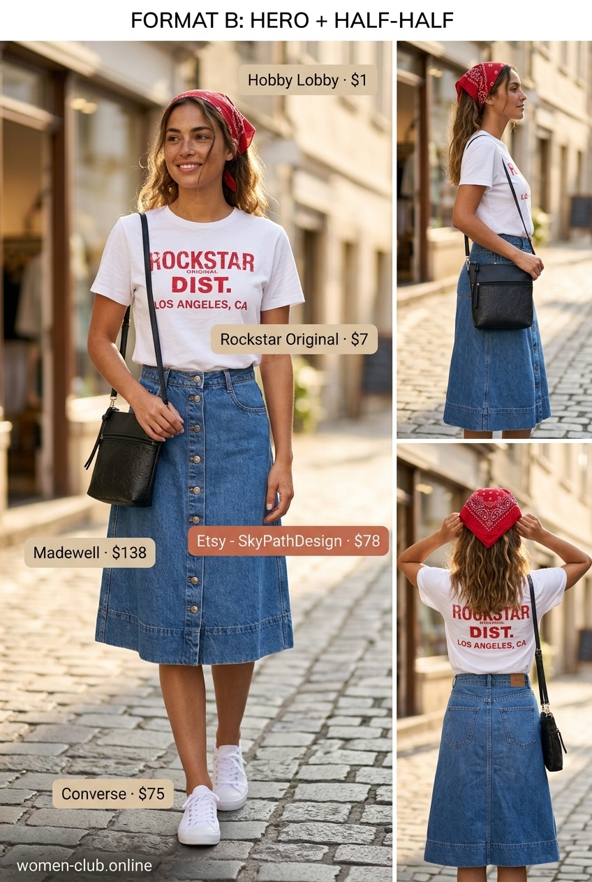 Cool denim midi skirt outfit for vintage summer outfits for women 2026, great for weekend errands.