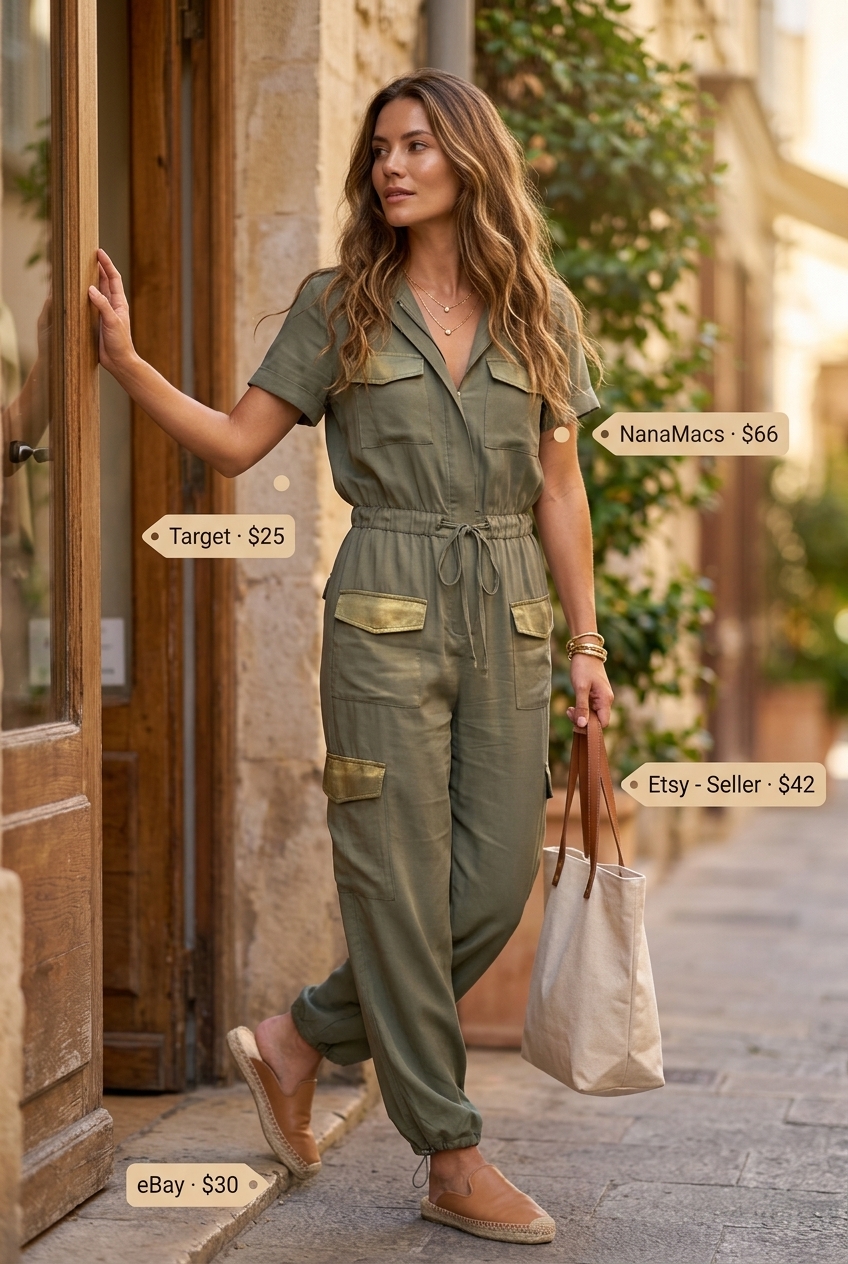 Chic olive green linen jumpsuit for relaxed vintage summer outfits for women 2026, ideal for travel.